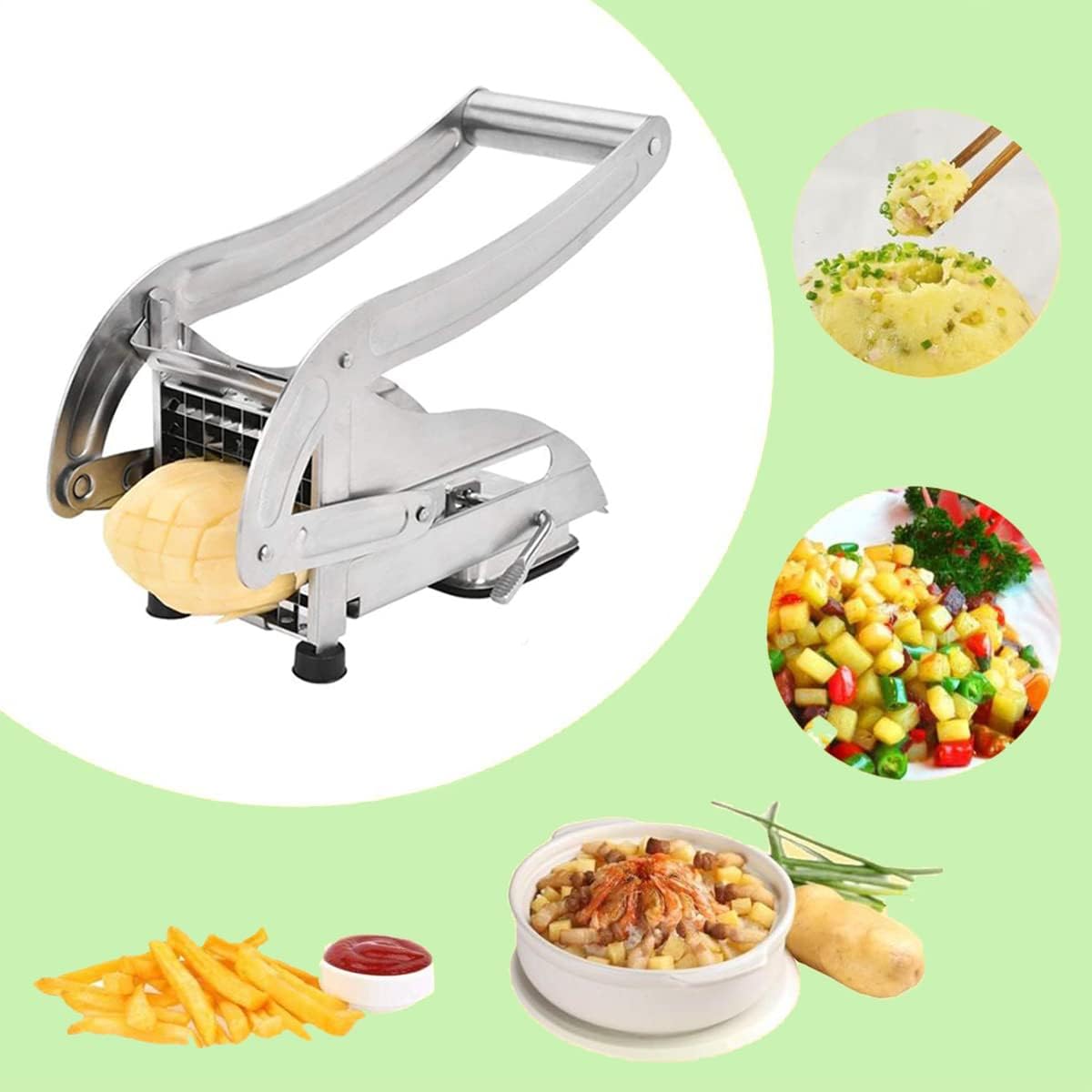 French Fry Cutter with 2 Blades, Professional Potato Cutter Stainless Steel, Potato Slicer French Fries, Press French Fries Cutter for Potato Cucumber Carrot Onion Vegetables