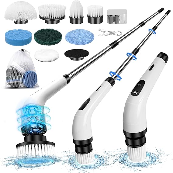 Electric Spin Scrubber, Electric Cleaning Brush with 8 Replaceable Brush Heads,Cordless Rechargeable Bathroom Scrubber with Detachable Handle,Waterproof Shower Power Scrubber for Bathroom Kitchen Car Brand