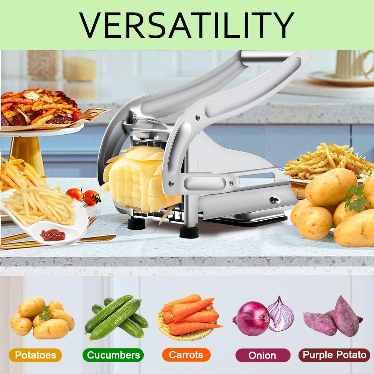 French Fry Cutter with 2 Blades, Professional Potato Cutter Stainless Steel, Potato Slicer French Fries, Press French Fries Cutter for Potato Cucumber Carrot Onion Vegetables