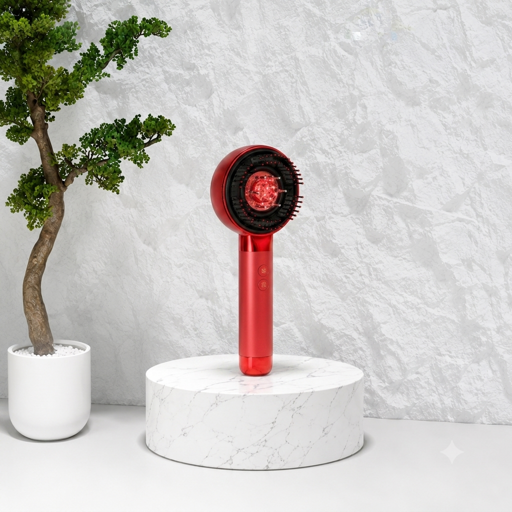 Rechargeable scalp massage comb with light therapy, essential oil applicator, LCD display, and three vibration modes for hair and scalp care.